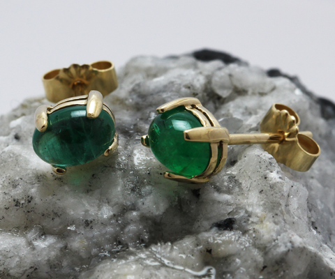 14K Gold 6mm Cabochon Emerald Stud Earrings